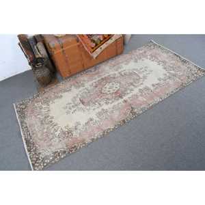 Vintage Turkish Rug, 3.2x7.3 ft Rug, <b>Brown</b> Pink Striped <b>Wool</b> Rug - Product Image 2