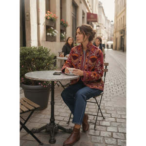 Veste bomber en satin Marigold Bloom pour l'automne, brodée de fleurs rouges ambre bordeaux, style bomber - Product Image 5