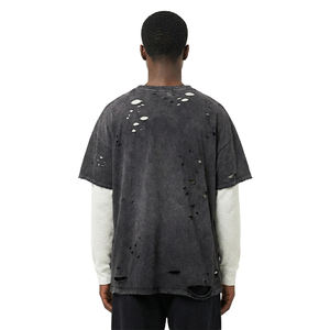 T-shirt personnalisé SPORTISH IMPEX avec impression 3D en relief et délavage acide |   T-shirt streetwear à manches longues à double couche en tissu gaufré délavé - Product Image 2