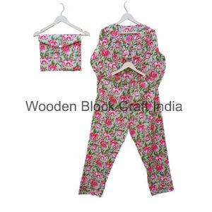 ชุดนอนผ้าฝ้ายพิมพ์ลายบล็อกสุดฮิต ชุดนอนผู้หญิง น้ำหนักเบา ทำมือ เนื้อผ้านุ่ม ใส่สบายสำหรับฤดูร้อน ฤดูใบไม้ร่วง และฤดูใบไม้ผลิ - Product Image 5