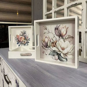Ensemble de plateaux de service carrés en MDF blanc, motif floral magnolia, avec poignées, pour cuisine, table basse, organisateur de nourriture et de boissons, base en bois - Product Image 1