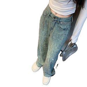 Jeans de Mujer de Cintura Alta con Pedrería, Pantalones Anchos de Mezclilla Elástica y Transpirable - Product Image 6