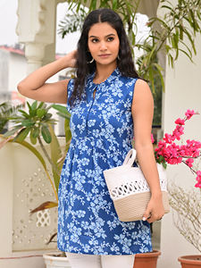 เสื้อกล้ามผู้หญิงผ้าฝ้ายทอลายดอกไม้สีฟ้าเป็นมิตรกับสิ่งแวดล้อมสวมใส่สบายฤดูร้อน - Product Image 4