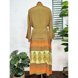 Recycled Vintage Silk Sari <b>Robe</b> Green and Yellow Boho House Kimono Dressing Gown <b>Beach</b> Coverup and Bridesmaid Anniversary Gift - Product Image 6
