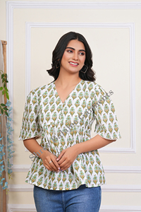 Chic Peplum Style coton haut 100% coton écologique blanc vert clair Floral main bloc imprimé à manches courtes taille naturelle - Product Image 5