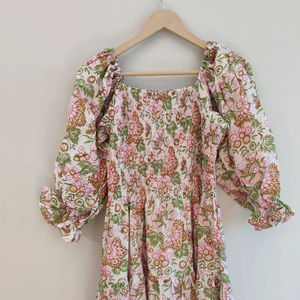 Floral Hand Block Print Kyra Floor-Length Bohemian Cotton V-neck Long Sleeve Party Dress Women Gift <b>Your</b> <b>Loved</b> Short Tunics - Product Image 1