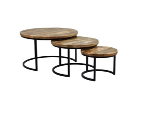 Elegante Juego de 2 mesas anidadas de hierro y madera de mango natural para sala de estar, cama de café, muebles para el hogar de diseño Industrial moderno lateral - Product Image 1