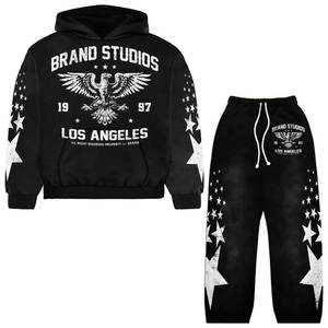 Ensemble de survêtement pour homme en coton 100% délavé à l'acide, imprimé d'hiver, décontracté, broderie streetwear, effet usé - Product Image 1