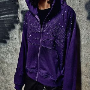 Sweat à capuche vieilli avec broderie du fabricant personnalisé Veste zippée en strass Lavage à l'acide Vintage Washed Men Fleece Streetwear Hoodie - Product Image 3