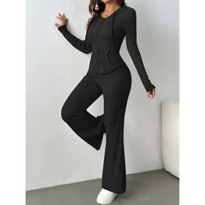 Conjunto de Dos Piezas de Blusa y Pantalón con Cierre Frontal y Mangas Largas para Mujer, 28787 - Negro - Product Image 1