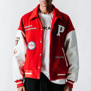 Chaqueta universitaria EM personalizada para hombre, chaqueta universitaria Letterman, Mangas de cuero de lana roja, parches de chenilla de alta calidad, chaquetas para hombre - Product Image 2