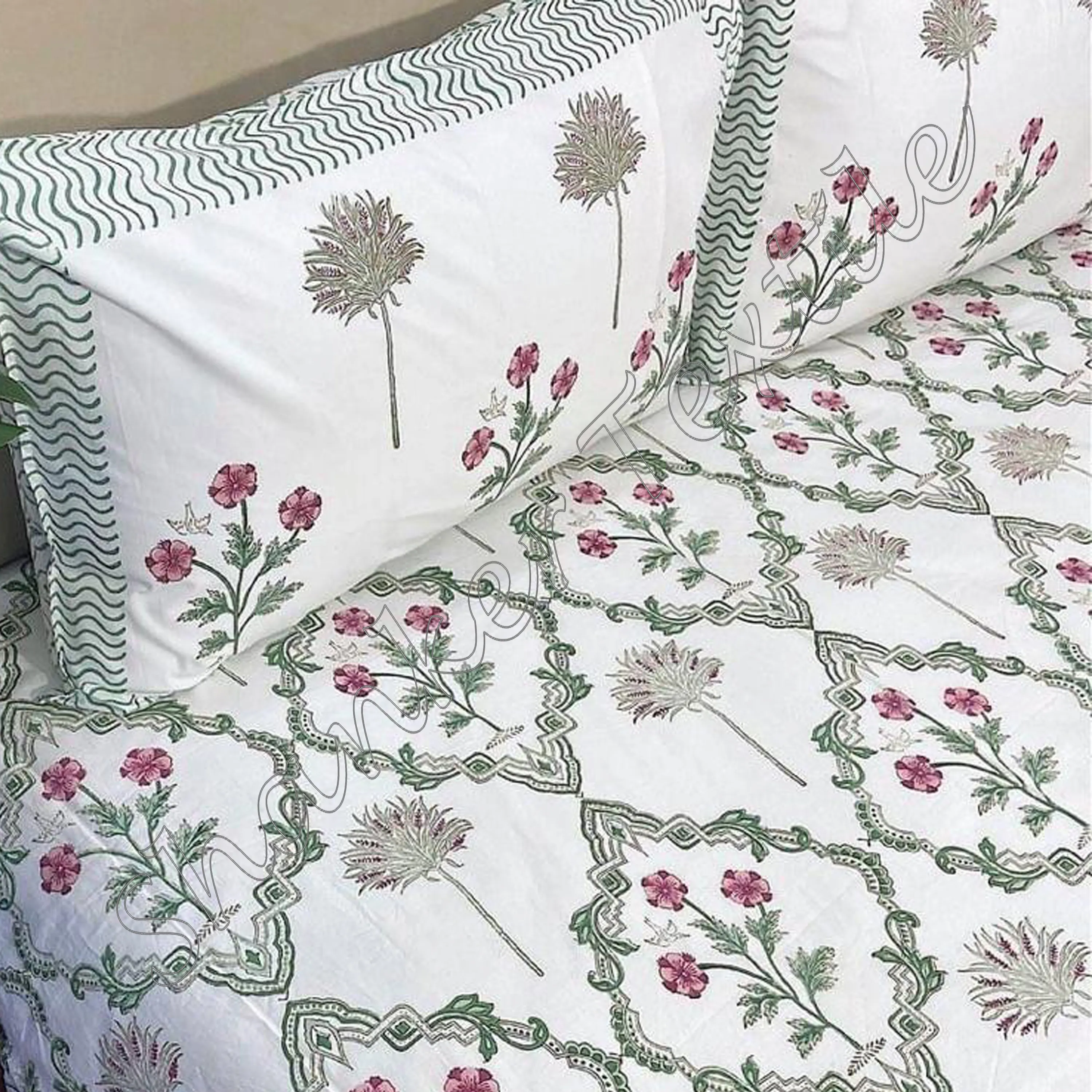 Drap de lit indien fabriqué à la main 400TC Percale tissu de coton doux bloc de main imprimé fleur Design drap de lit avec Stock Jaipur