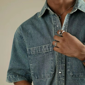 Hot Sale Unisex Casual <b>Denim</b> Shirts 100% Cotton Solid Colors Half Sleeves Plus Size Street Style for Autumn Season - Product Image 2