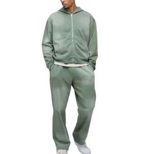 Chándales personalizados de lavado ácido con cremallera hasta 420 GSM traje de jogging de pierna recta sudadera desgastada sudaderas con capucha y pantalones de chándal conjuntos de hombres - Product Image 1