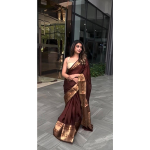 Saris de seda Jacquard pesado de alta calidad, tejido Jacquard grande dorado, estilo Bollywood para fiesta, ropa India paquistaní - Product Image 5