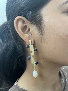 Designer Gold-Plated <b>Long</b> <b>Earrings</b> Stylish Pearl and Lapis Bezel Setting Statement Brass Jewelry Trendy <b>Long</b> Studs - Product Image 3