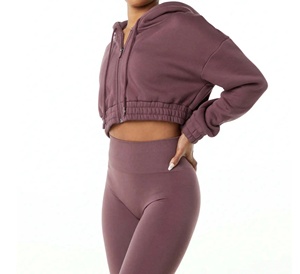 High Quality 2-Piece <b>Women's</b> Set Oversized Warm Sweatpants Hoodies Zipper Drop Shoulder Design Solid <b>Pattern</b> Ripped Low MOQ - Product Image 3