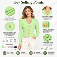 Cardigan en tricot pour femme, col en V côtelé vertical, boutons dorés décoratifs, coupe courte ajustée, tenue quotidienne, de bureau ou de soirée pour le printemps et l'automne