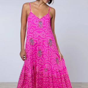 Robe midi rose fuchsia à col en V, coupe trapèze, broderie de sequins, 100% coton, imprimé artisanal, grande taille, bretelles spaghetti ajustables - Product Image 1