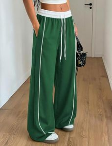 Pantalones Anchos Verdes con Cordón, Cintura Baja, Transpirables, Corte Holgado, Casuales, Diseño Liso, Poliéster con Raya Lateral para Mujer - Product Image 2