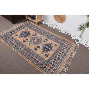 <b>Traditional</b> Blue Beige Patchwork Wool <b>Rug</b> 3.7 X 5.6 ft Handmade Vintage Turkish Rectangle Striped <b>Living</b> <b>Room</b> Carpet Latex - Product Image 3