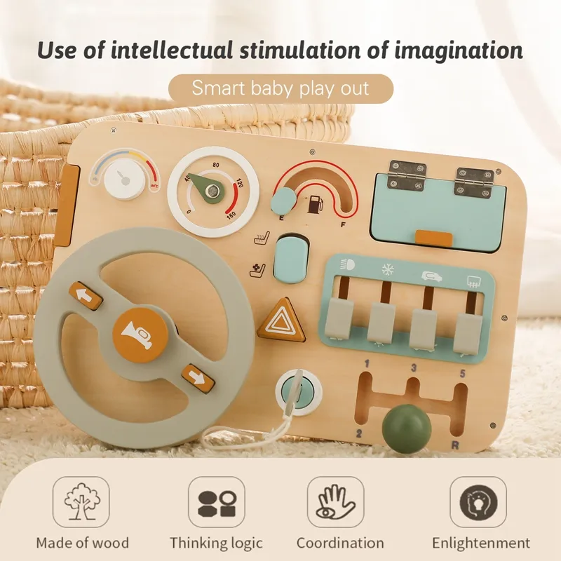 OEM condução aprendizagem volante de madeira educacional ocupado placa montessori brinquedos para crianças brinquedos educativos