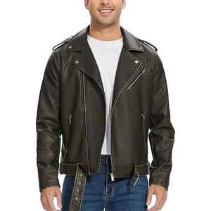 Vestes en similicuir pour hommes: manteau de motard bombardier coupe ajustée avec revers, fermeture éclair asymétrique et ceinture pour un look robuste - Product Image 2