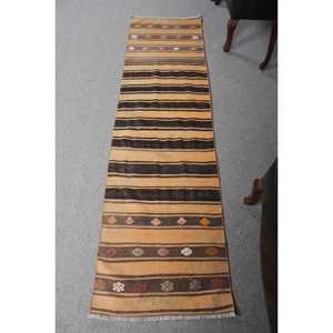 Vintage Kilim Rug 2x7.4 ft, <b>Brown</b> Yellow Floral <b>Wool</b> Turkish Rug - Product Image 1