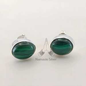 Handmade Oval Malachite Earrings, <b>Sterling</b> <b>Silver</b> <b>Studs</b>, Birthstone Jewelry - Product Image 5