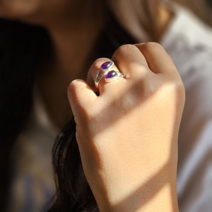 <b>Adjustable</b> <b>Silver</b> <b>Ring</b> with Amethyst Drop Unisex Best Gift for Christmas Wedding Engagement or Party Purple Cabochon <b>Ring</b> - Product Image 1