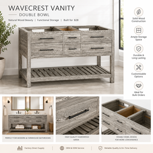 Mueble de Baño Flotante de Madera Sólida, Estilo Moderno y Minimalista, con Doble Lavabo de Piedra Natural, para Proyectos de Hoteles y Villas - Product Image 2