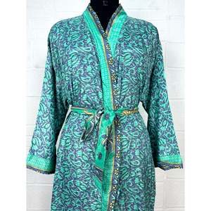Recycled Vintage Silk Sari Robe Floral Print Boho House <b>Kimono</b> Dressing Gown <b>Beach</b> Coverup Bridesmaid Anniversary Gift for Her - Product Image 2