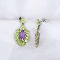 Prix de gros Améthyste violette naturelle et péridot vert Boucles d'oreilles en argent sterling 925 plaqué or avec pierres précieuses