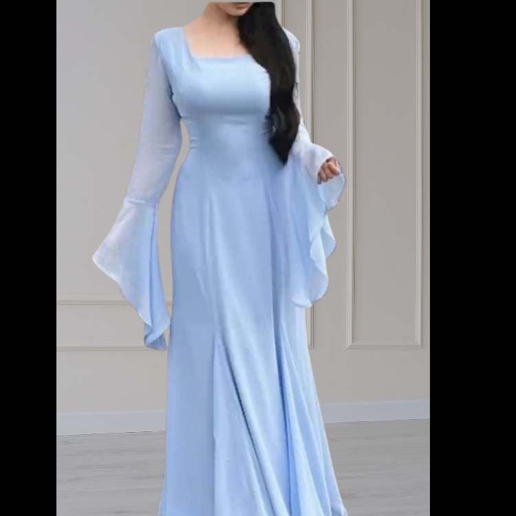 Elegant Pastel Blue Long Sleeve Bridesmaid Dress - Floor-Length A-Line  Evening Gown for Wedding Parties