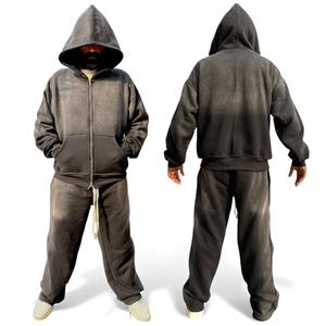 ชุดเซ็ตสเวตสูทผู้ชายทรงโอเวอร์ไซส์แบบปกติ พิมพ์ลาย ผ้าหนา สองชั้น สีดำ ผ้าเฟรนช์เทอร์รี่ เสื้อฮู้ดทรงบาน ขากระบอกใหญ่ - Product Image 1