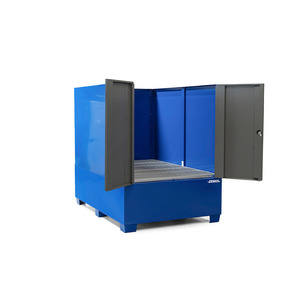 Vasca di contenimento in acciaio per 1 IBC da 1000 litri, 1400 litri, con area di riempimento, pareti protettive e porta - Product Image 1