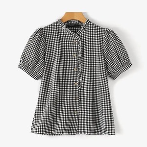 Mùa Hè Kiểm Tra Áo Phụ Nữ Thanh Lịch Phun Tay Áo Áo Sơ Mi Cổ Điển Lưới In Áo O Cổ Làm Việc Áo Giản Dị Lỏng Áo Sơ Mi - Product Image 3