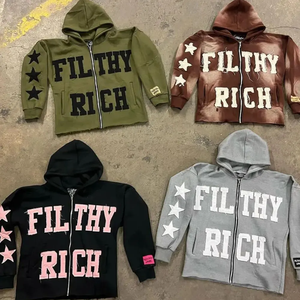 Sweat à capuche zippé avec broderie délavée, motif étoile sur les manches, streetwear, polaire, veste à capuche oversize - Product Image 1