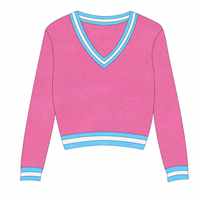 Pull en laine à col en V pour femme FNJIA, rose, bleu, blanc, avec bordure à rayures contrastées, vêtements de travail, fournisseur en gros de tricots personnalisés OEM