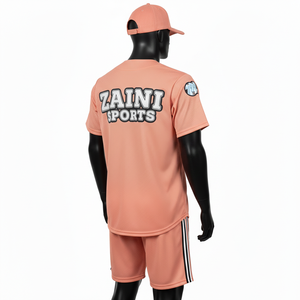 Ensemble short de baseball pour homme en tissu maille polyester premium respirant couleur pêche avec logo personnalisé en twill pour homme - Product Image 5