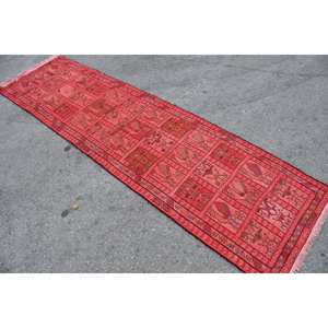 Alfombra turca de lana tradicional roja Vintage de 2,5x9 pies, diseño de retazos de área grande, alfombras abstractas de látex de 10mm para habitación de pasillo - Product Image 2