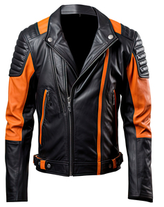 Customize Fashion Leather Jacket for Men Black Orange Genuine Sheepskin Stand Collar Zip-up Quilted Trendy Winter Outerwear - Product Image 1