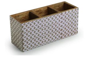 Geometric Tales Stationery & Cutlery Holder 3 Partitions Mango Wood Handcrafted Wooden Utensil Caddy Countertop Cutlery Holder - Product Image 3