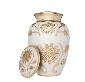Urna funeraria de flores blancas y doradas, urna de cremación conmemorativa para cenizas humanas, latón adecuado para cementerio, nicho de entierro, tamaño personalizado - Product Image 1