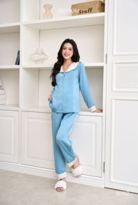 High Quality Pearl Silk <b>Pants</b> Elastic Waistband Buckled Shirt Set Long Maternity Clothing for <b>Pregnancy</b> Postpartum B762 - Product Image 6