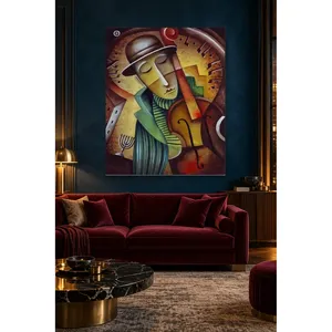 Fida Cellist avec chapeau et violoncelle rouge, impression sur toile cubiste - Product Image 5