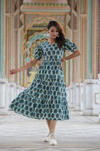<b>Indian</b> Eco-Friendly 100% Cotton Solid Hand Block <b>Print</b> Handmade V-neck Summer Spring <b>Dress</b> Women Vintage Boho Beach Knee-Length - Product Image 5