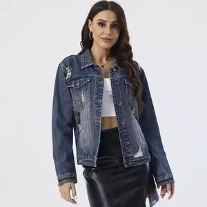 Veste en jean en coton tricoté respirant à rivets cloutés Hommes Veste ample régulière Haute qualité - Product Image 2