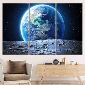 Impresión en lienzo de la Tierra y la Luna: arte de paisaje espacial celestial, JUEGO DE 3 LIEÑOS - Product Image 1