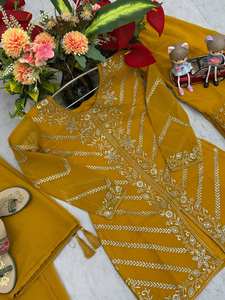 Salwar Kameez pakistanais moutarde jaune, kameez long de mariage pakistanais avec pantalon Palazzo, robe de fiançailles Nikkah Mehndi - Product Image 4